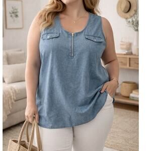 Miss Lili Size 3X Chambray Tank Top Sleeveless Zipper Front Capsule Wardrobe
